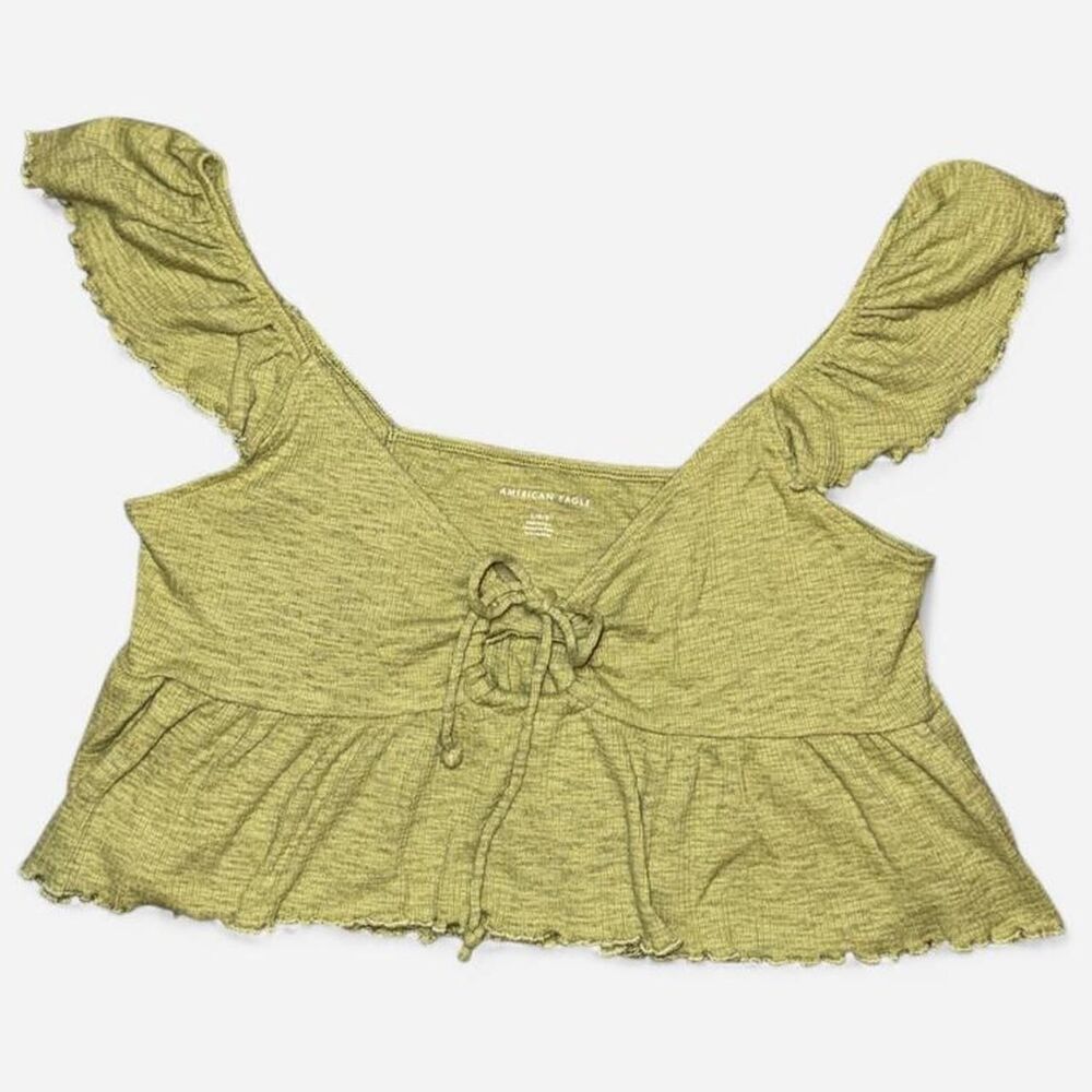 American Eagle Light Green Ruffle Peplum Crop Top with Front Tie